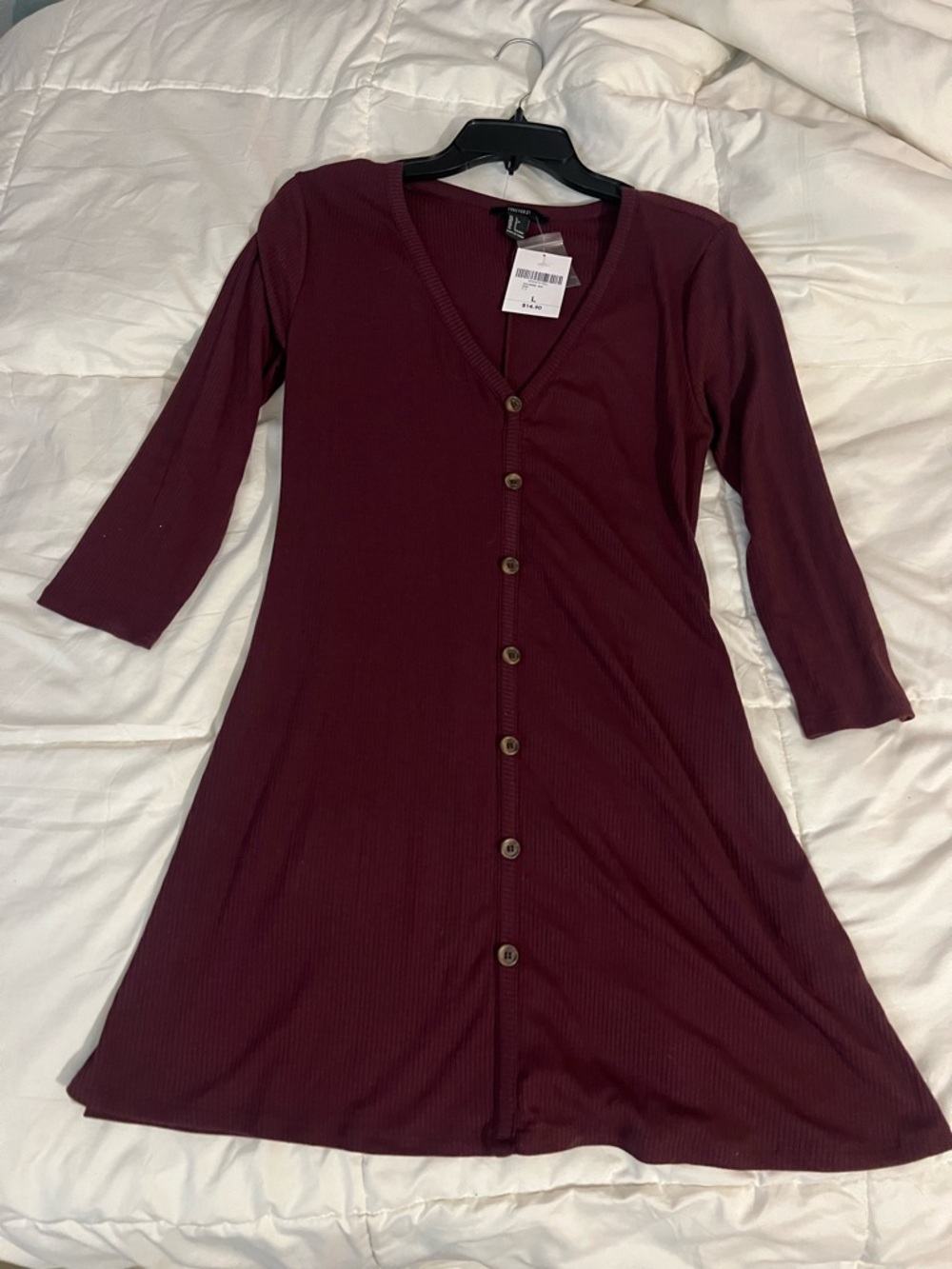 Forever 21 Ribbed Button-Front V-Neck Dress - Burgundy